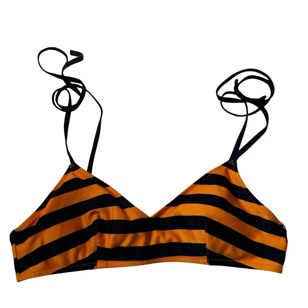 Aerie Scoop Bikini Top Yellow Navy Stripe Tie Strap Size Medium NWOT | 69-22